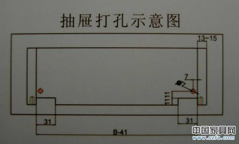 选择好滑轨的长度后，请an照图片中的打孔尺寸，对抽屉举行加工，襶uan惆沧盎。